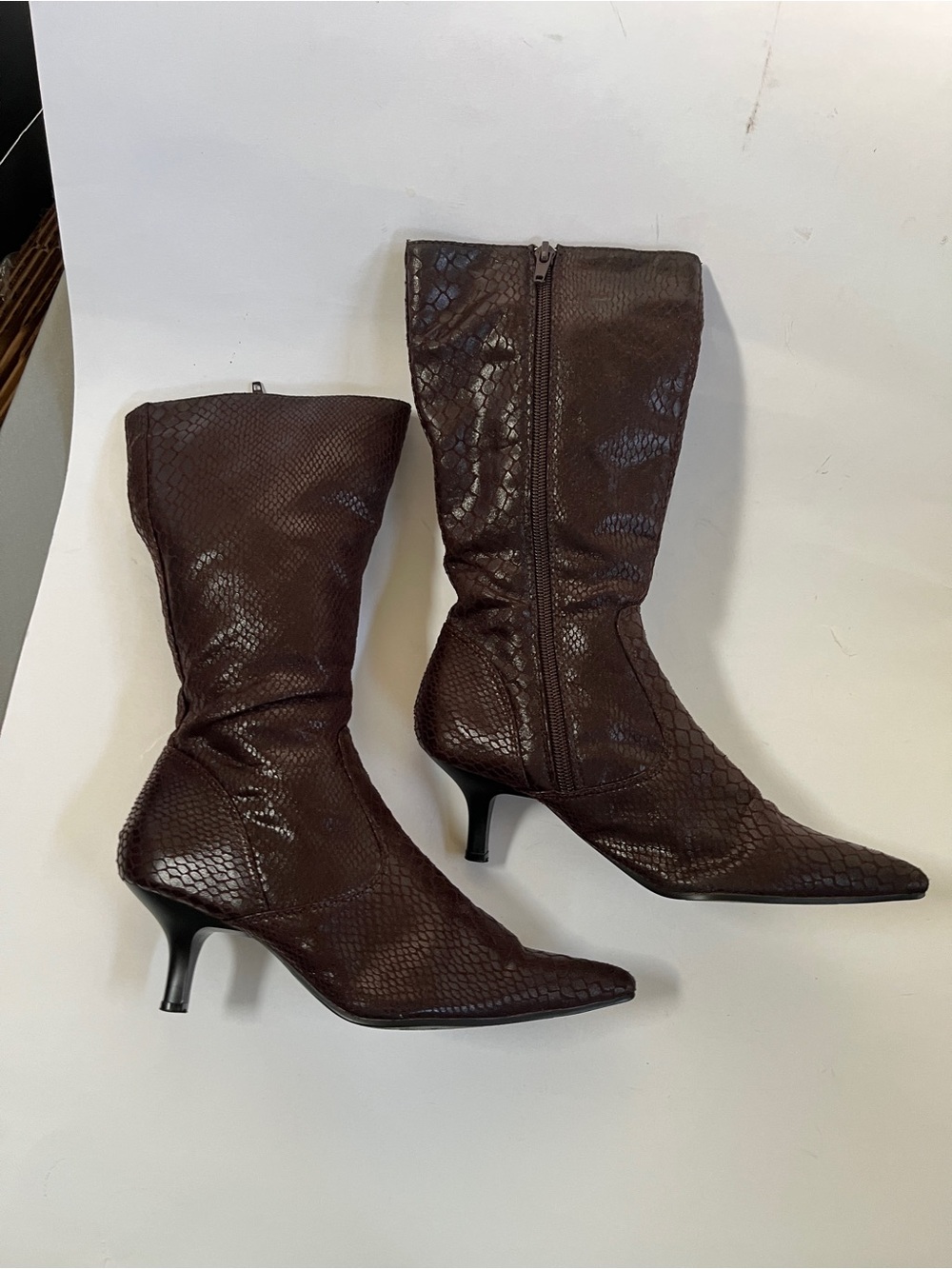 Brown Snake-Print Pointed Kitten Heel Mid-Calf Boots - Women